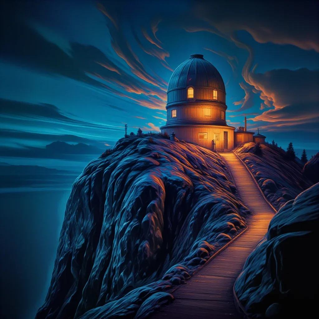 a cliffside observatory at blue hour, refined editorial travel photography, restrained color harmony, cobalt and amber p