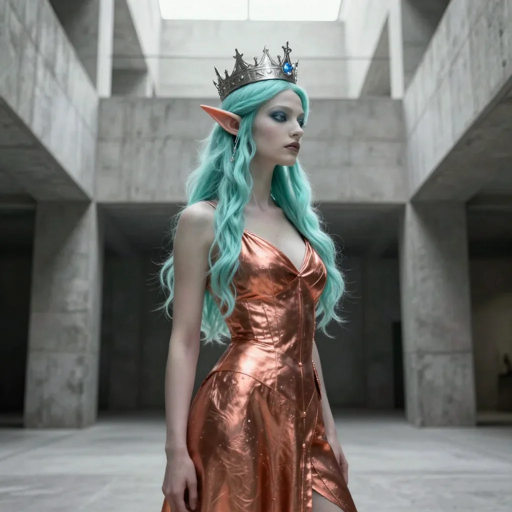 an elven queen in a moonlit silver crown in a dramatic three-quarter profile, in a brutalist concrete atrium, bold Helmu
