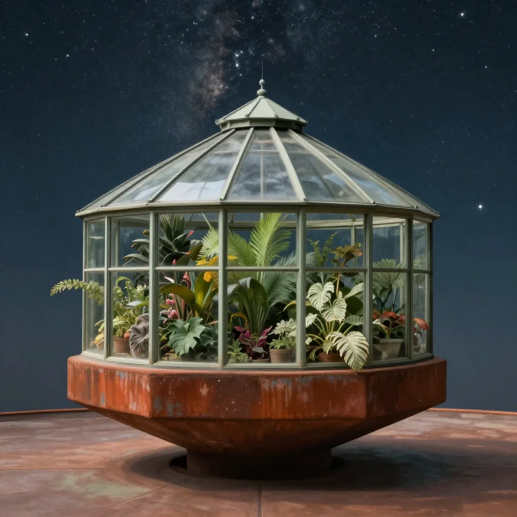 a floating botanical conservatory beneath a star-filled sky, museum-quality still-life photography, calm negative space,