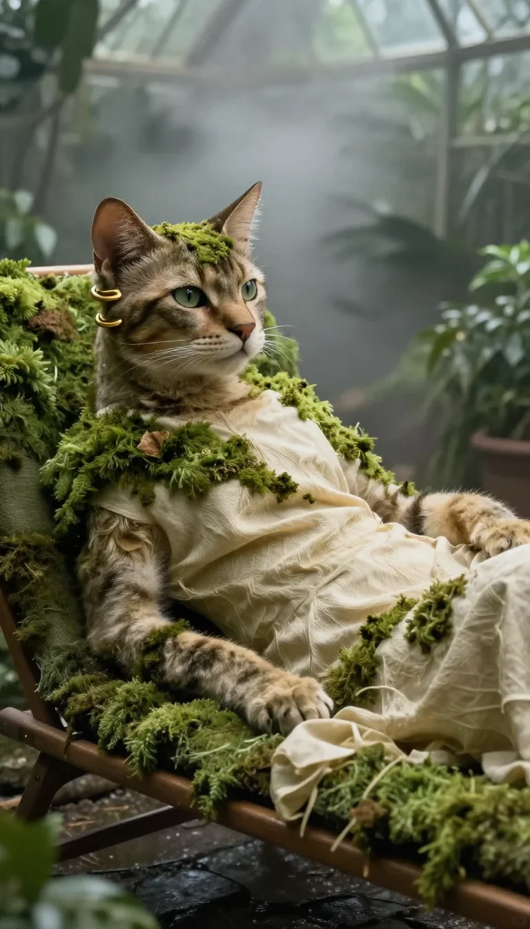 a feline-featured model with gold ear cuffs reclining elegantly on a chaise, in a greenhouse humid with mist, cinematic 