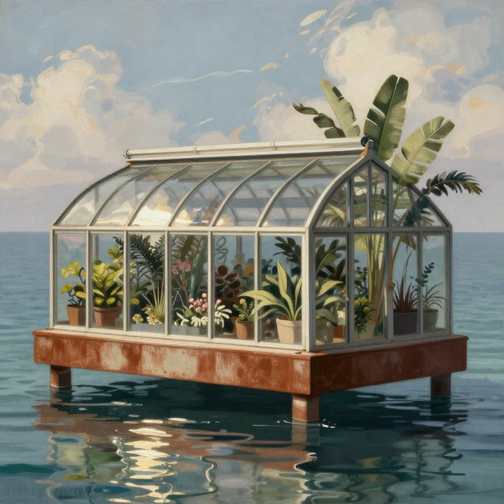 a floating botanical conservatory in a gentle sea breeze, contemporary botanical illustration, gentle reflected light, r