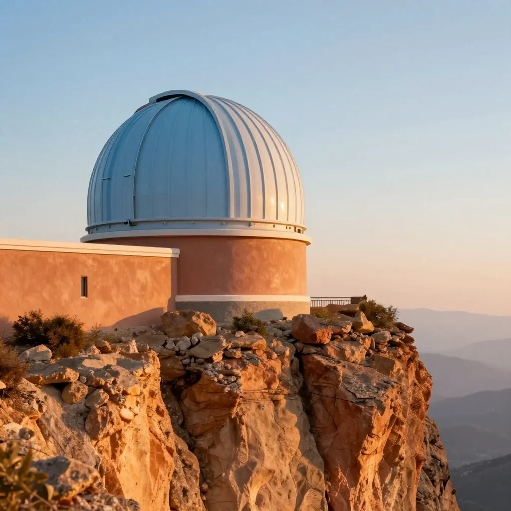 a cliffside observatory during golden hour, high-end design magazine photography, crisp material detail, terracotta and 