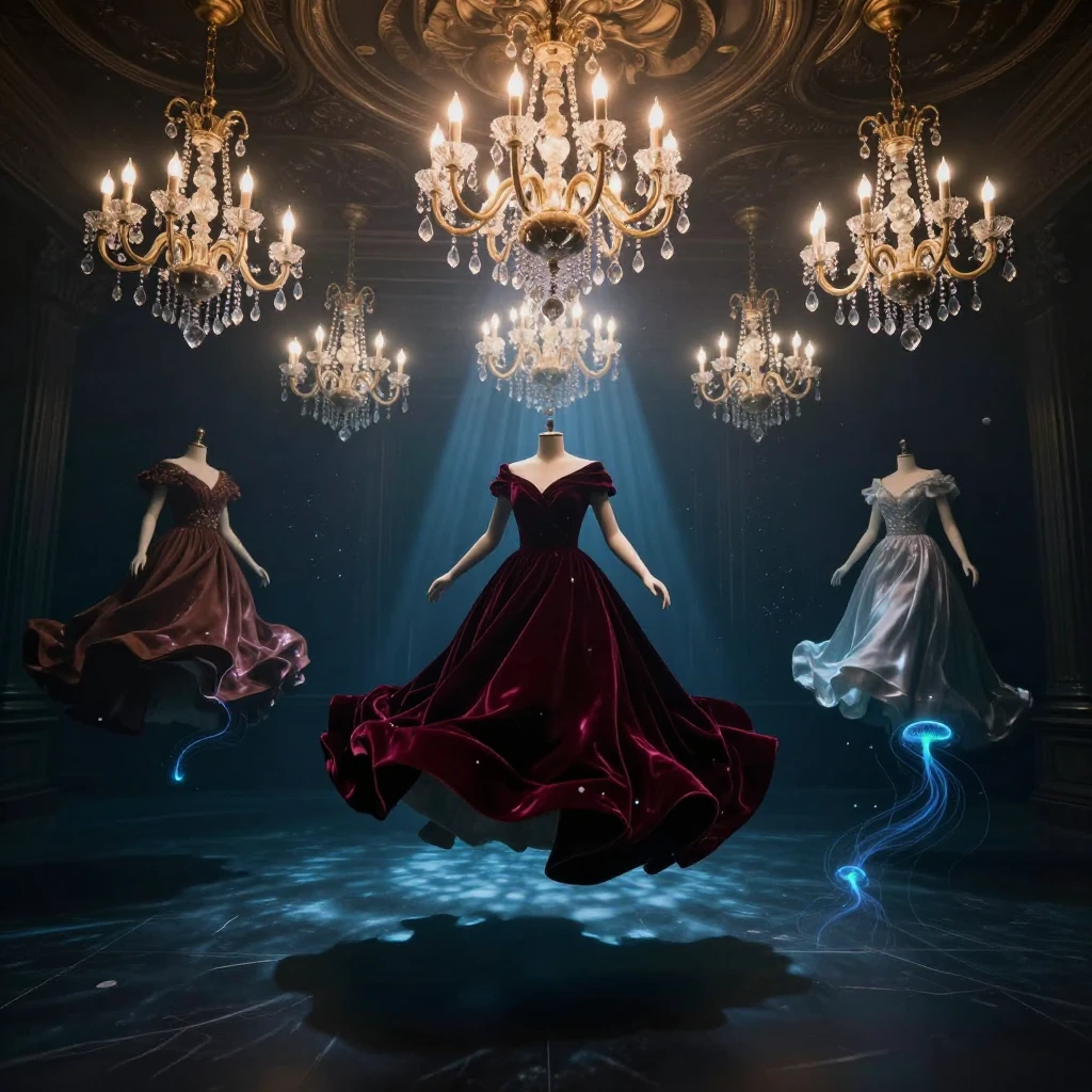 Underwater ballroom: floating chandeliers, velvet dress drifting, bioluminescent plankton trails