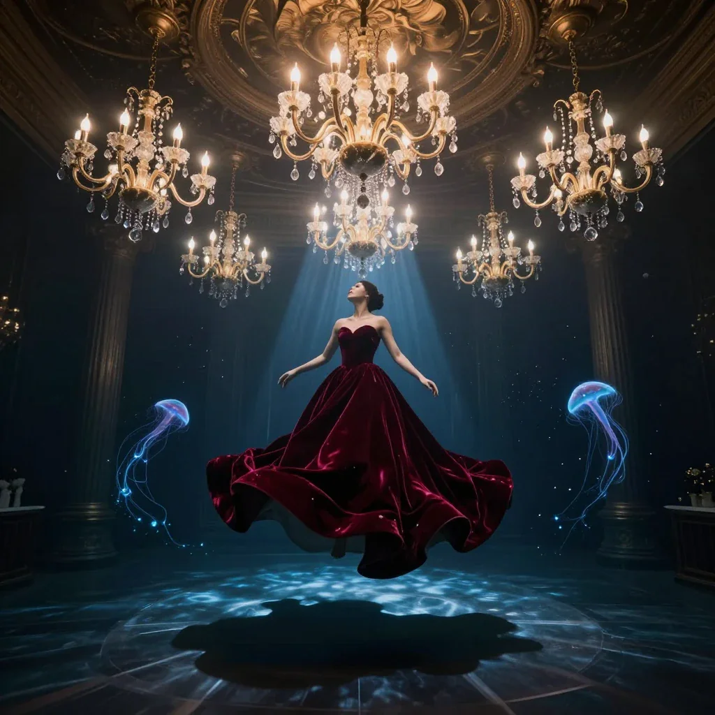 Underwater ballroom: floating chandeliers, velvet dress drifting, bioluminescent plankton trails