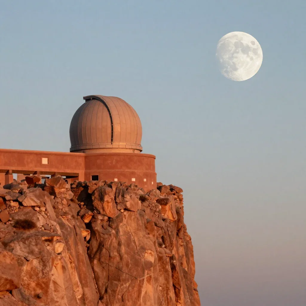 a cliffside observatory at moonrise, cinematic architectural photography, calm negative space, terracotta and pale sky b