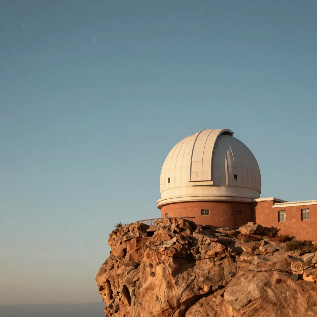 a cliffside observatory beneath a star-filled sky, cinematic architectural photography, calm negative space, terracotta 