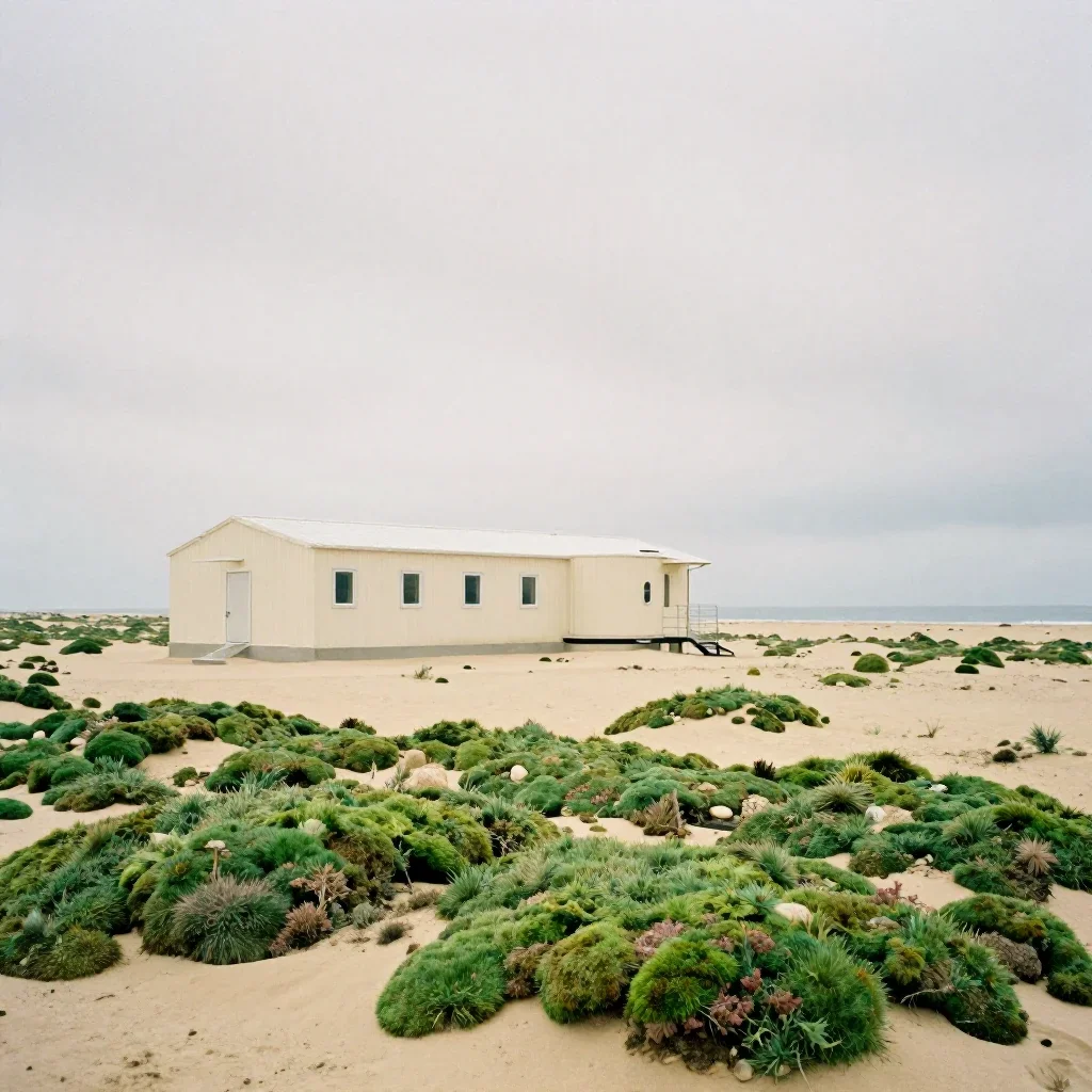 a desert research station under overcast coastal light, refined editorial travel photography, subtle film grain, moss gr