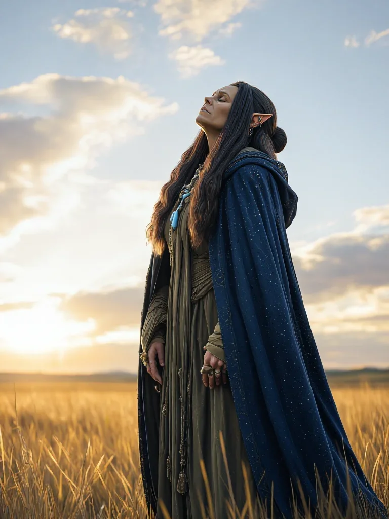 a sorceress in a star-lit midnight cloak in a deep breath with eyes closed, in a backlit golden-hour field, Vogue-style 