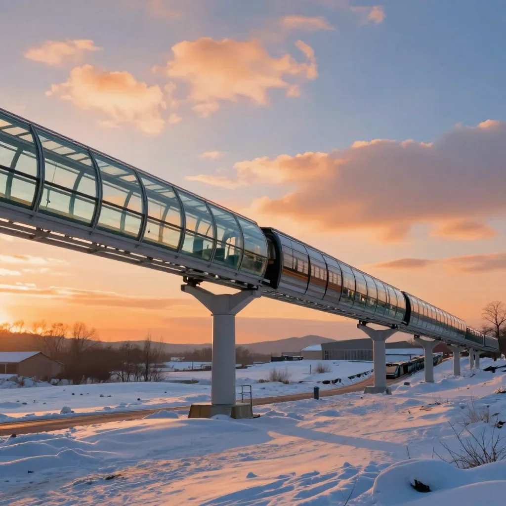 a glass monorail in crisp winter sunlight, dreamlike fine-art landscape photography, gentle reflected light, ochre and u