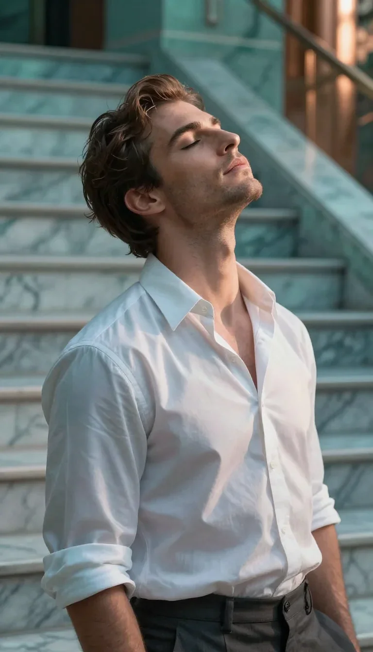 a handsome man in a rolled-sleeve white shirt in a deep breath with eyes closed, on a marble staircase at dawn, futurist