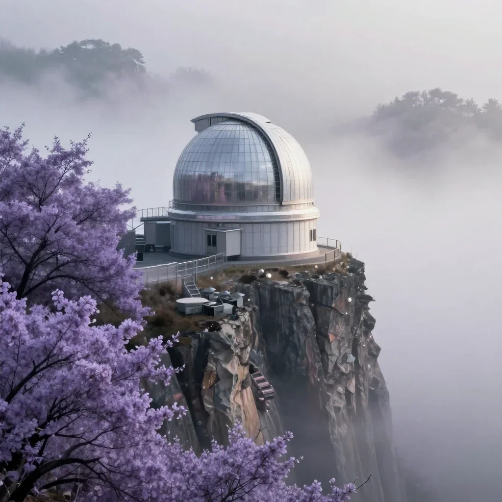 a cliffside observatory in early spring mist, quiet science-fiction concept art, crisp material detail, lavender and sil