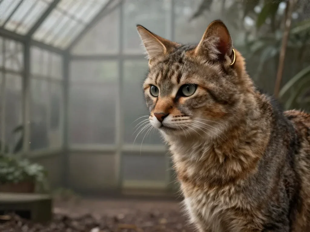 a feline-featured model with gold ear cuffs in a coy glance from under lowered lashes, in a greenhouse humid with mist,