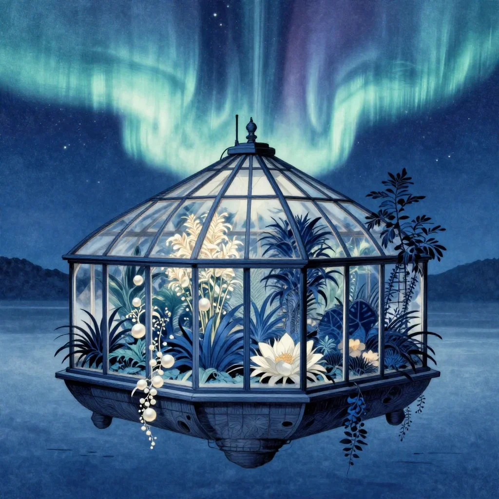 a floating botanical conservatory beneath an aurora, Japanese woodblock-inspired editorial art, soft volumetric light, i