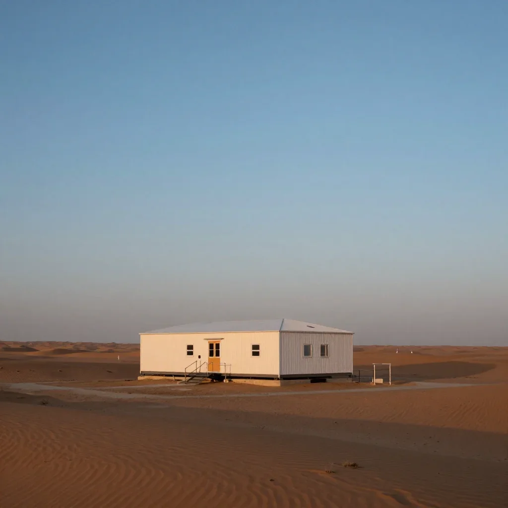 a desert research station at blue hour, refined editorial travel photography, calm negative space, terracotta and pale s
