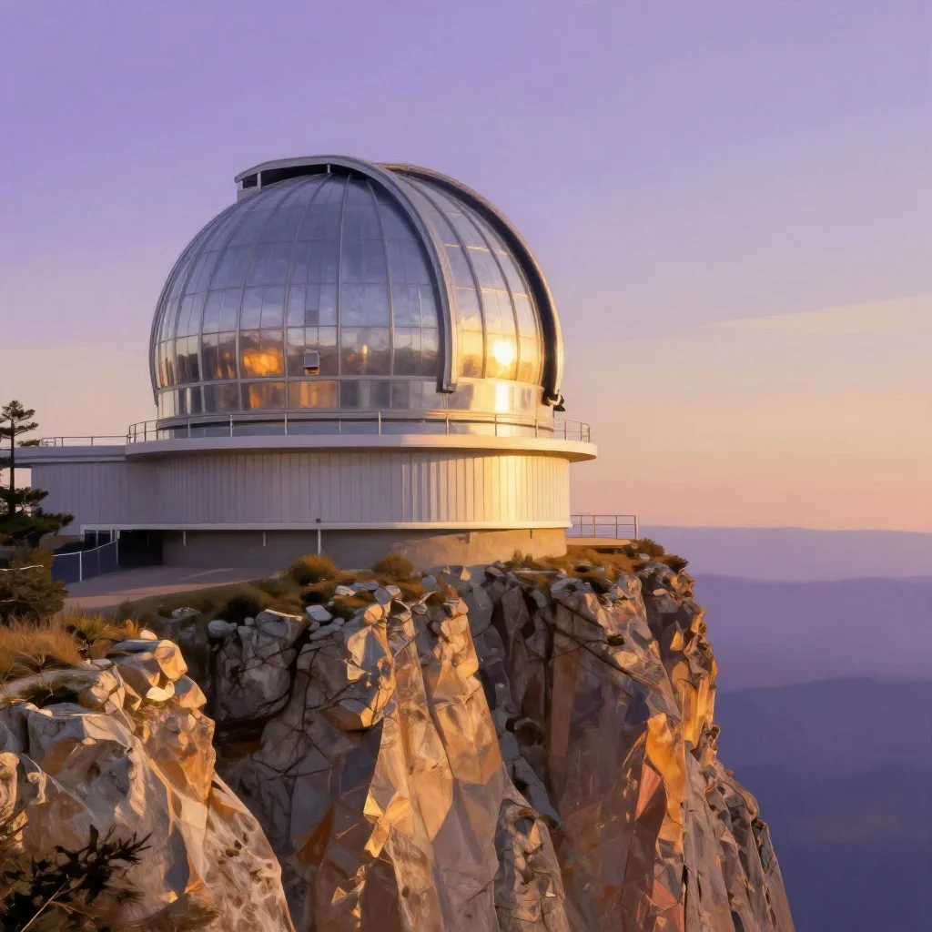 a cliffside observatory during golden hour, modernist poster illustration, careful geometric composition, lavender and s