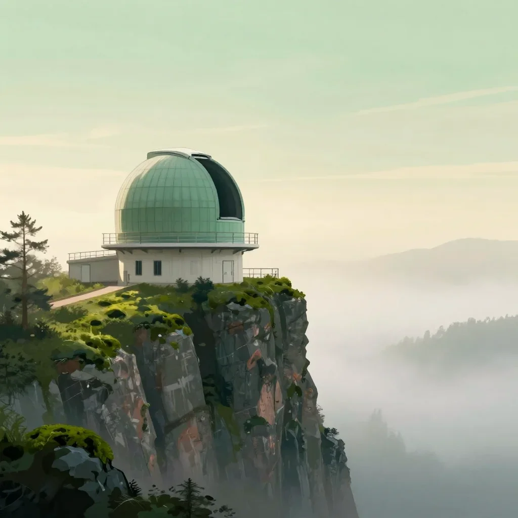 a cliffside observatory under soft dawn fog, modernist poster illustration, gentle reflected light, moss green and cream