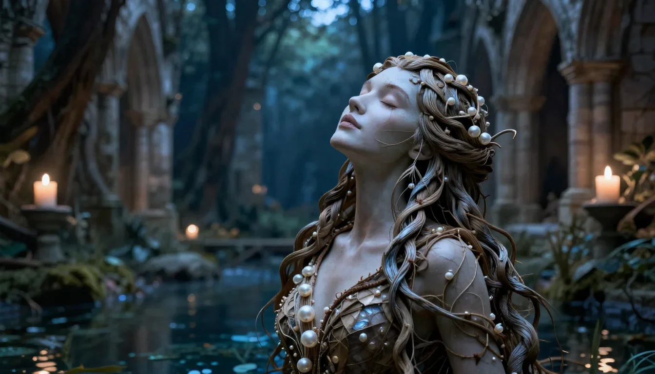 a dryad with vine-woven hair in a forest pool in a deep breath with eyes closed, in a candle-lit cathedral ruin, editori