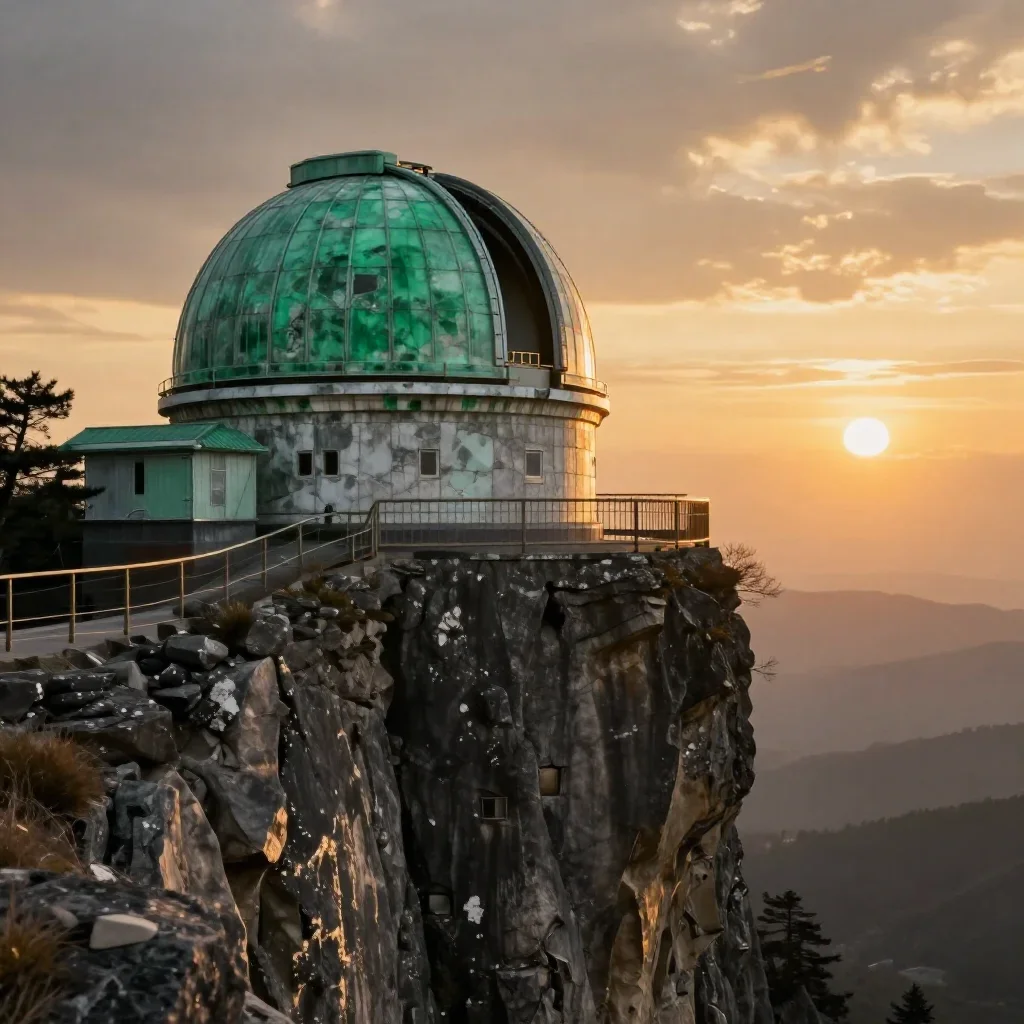 a cliffside observatory during golden hour, dreamlike fine-art landscape photography, weathered tactile surfaces, jade a