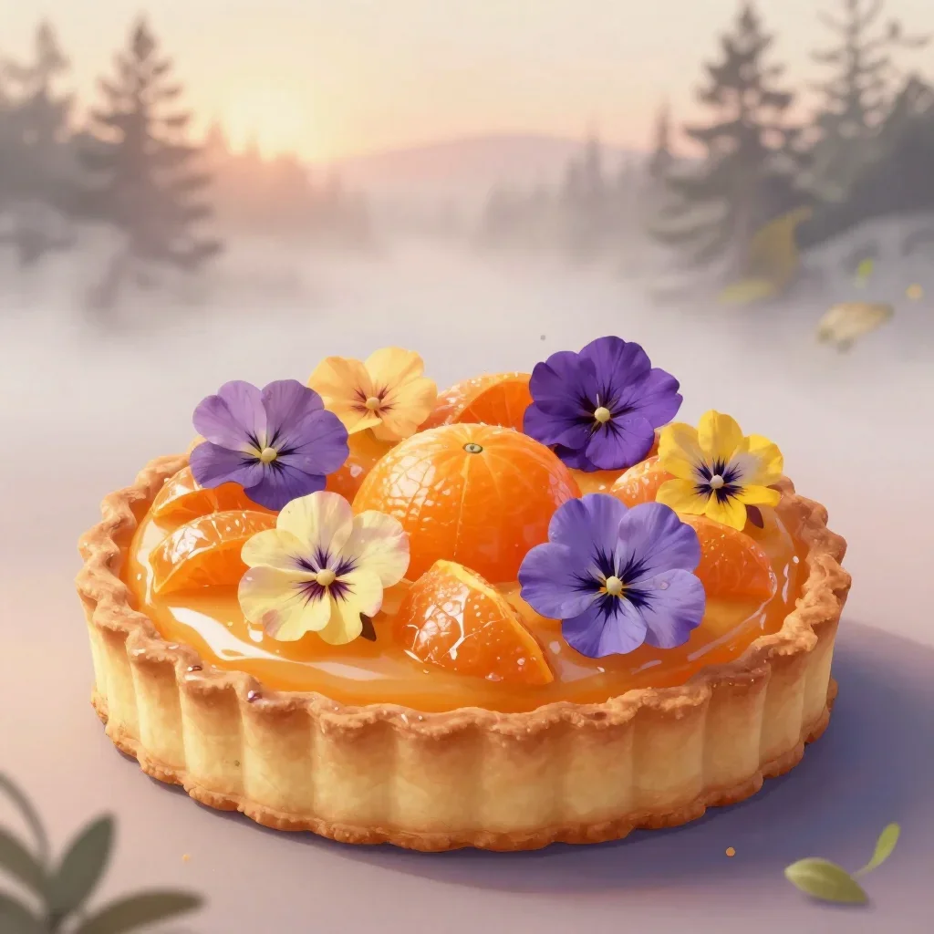 a citrus tart with edible flowers under soft dawn fog, contemporary botanical illustration, atmospheric depth, ochre and