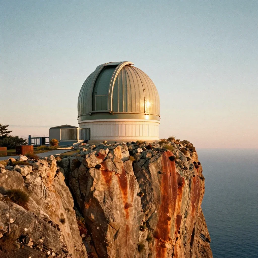 a cliffside observatory during golden hour, soft-grain analog film photography, subtle film grain, rust and sage palette