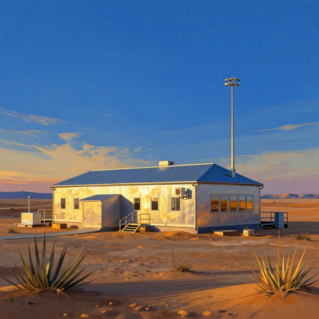 a desert research station during golden hour, contemporary botanical illustration, gentle reflected light, cobalt and am