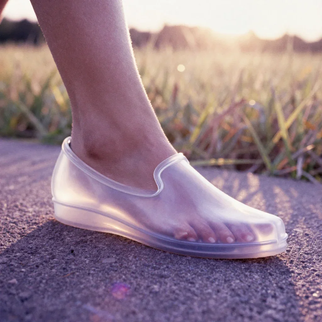a siren at the waterline in a translucent slip in a confident cinematic stride, in a backlit golden-hour field, soft-gra