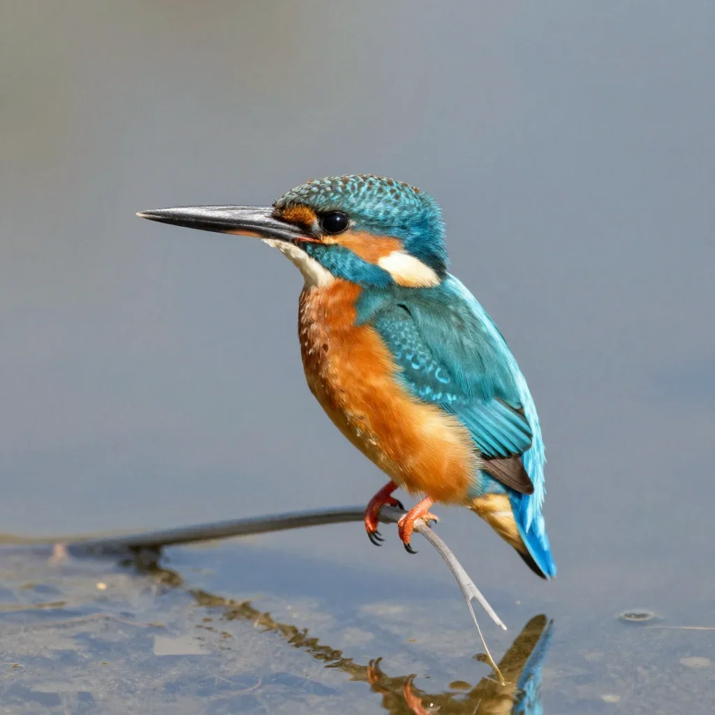 a kingfisher above clear water in crisp winter sunlight, macro natural-history photography, soft volumetric light, ochre