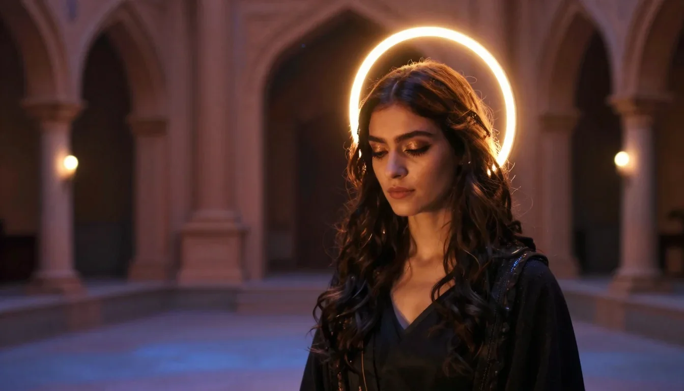 a celestial priestess with haloed candlelight in a coy glance from under lowered lashes, in a moonlit palace courtyard, 