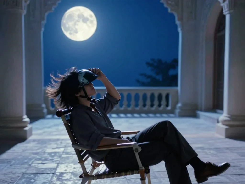 a rider removing a helmet, flushed and windblown reclining elegantly on a chaise, in a moonlit palace courtyard, Wong Ka
