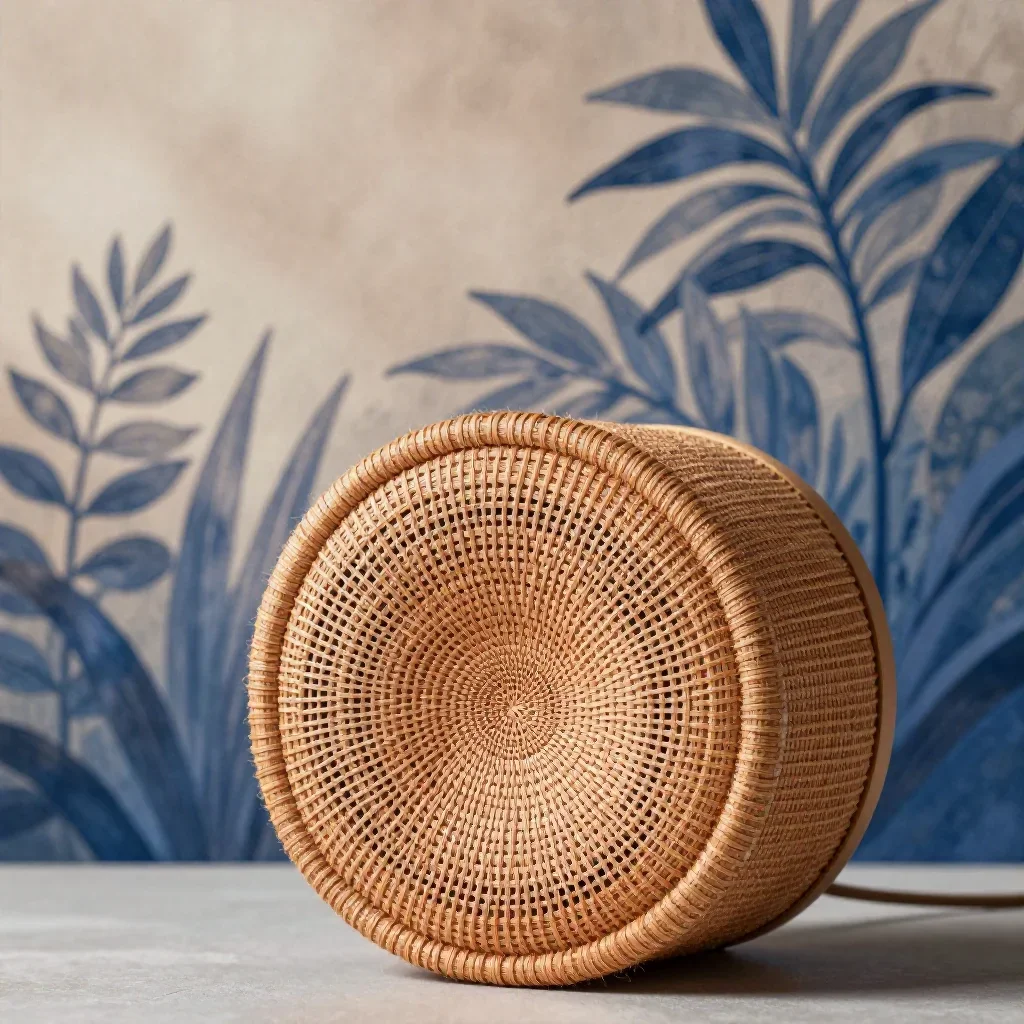 a woven fiber acoustic speaker under diffused skylight, contemporary botanical illustration, atmospheric depth, ochre an