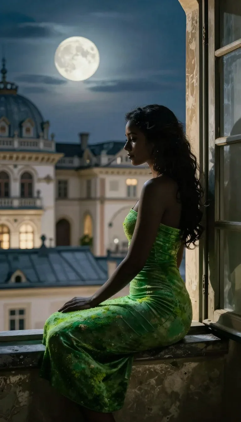 a muse on a rooftop at dusk in a body-con dress in a seated silhouette against a window, in a moonlit palace courtyard, 