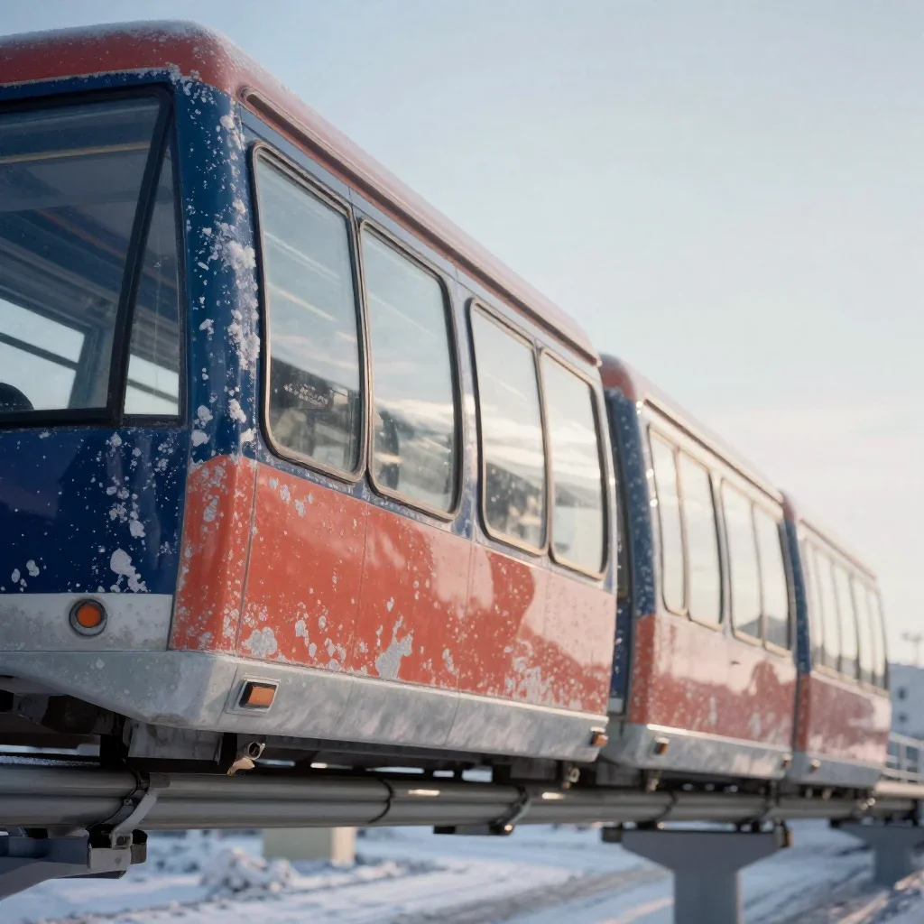 a glass monorail in crisp winter sunlight, soft-grain analog film photography, weathered tactile surfaces, coral and mid