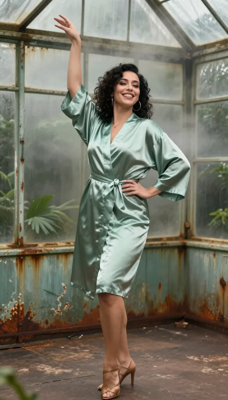 a smiley lounge singer in a satin robe in a graceful contrapposto pose, in a greenhouse humid with mist, Vogue-style stu