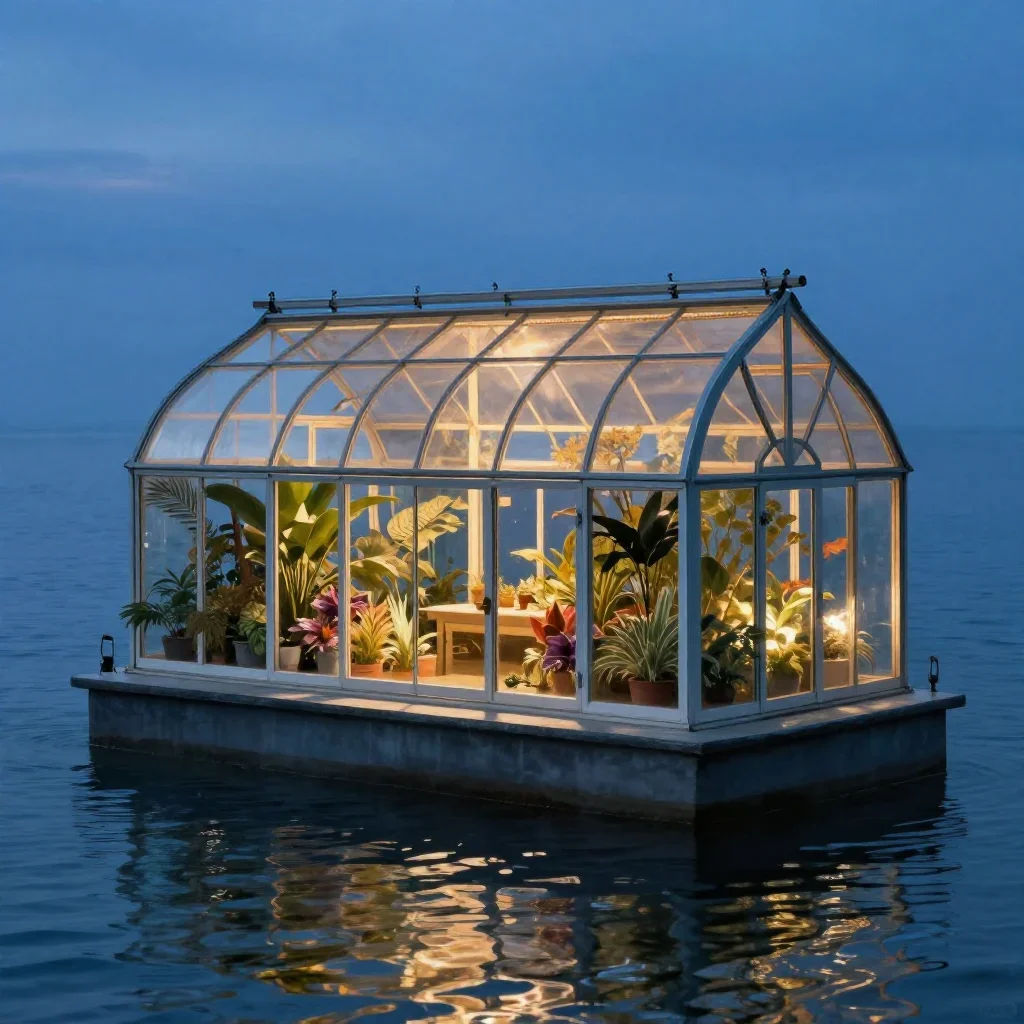 a floating botanical conservatory in a gentle sea breeze, museum-quality still-life photography, gentle reflected light,