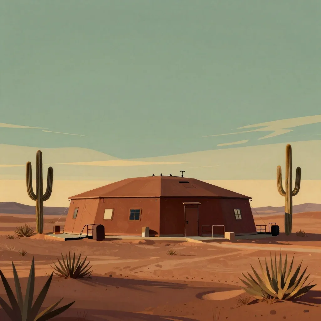 a desert research station during golden hour, contemporary botanical illustration, restrained color harmony, rust and sa