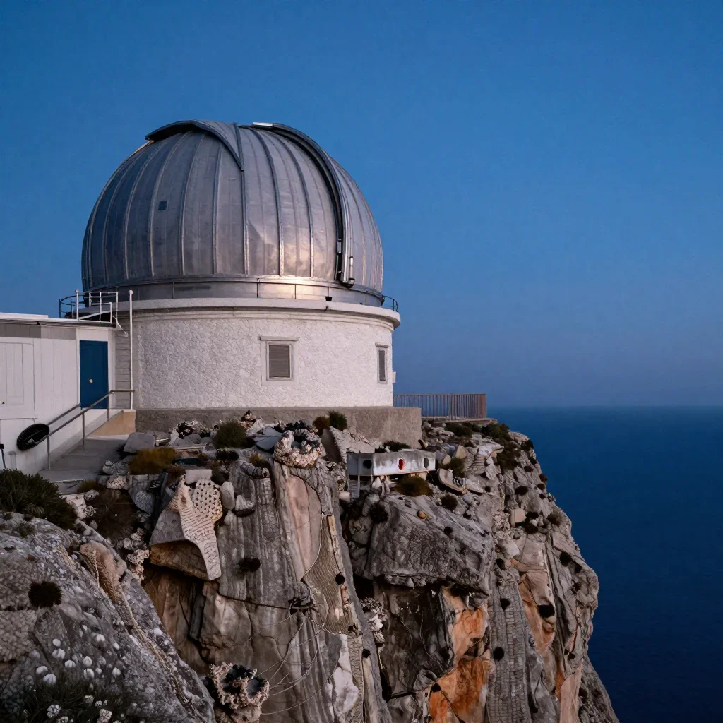 a cliffside observatory at blue hour, refined editorial travel photography, weathered tactile surfaces, coral and midnig