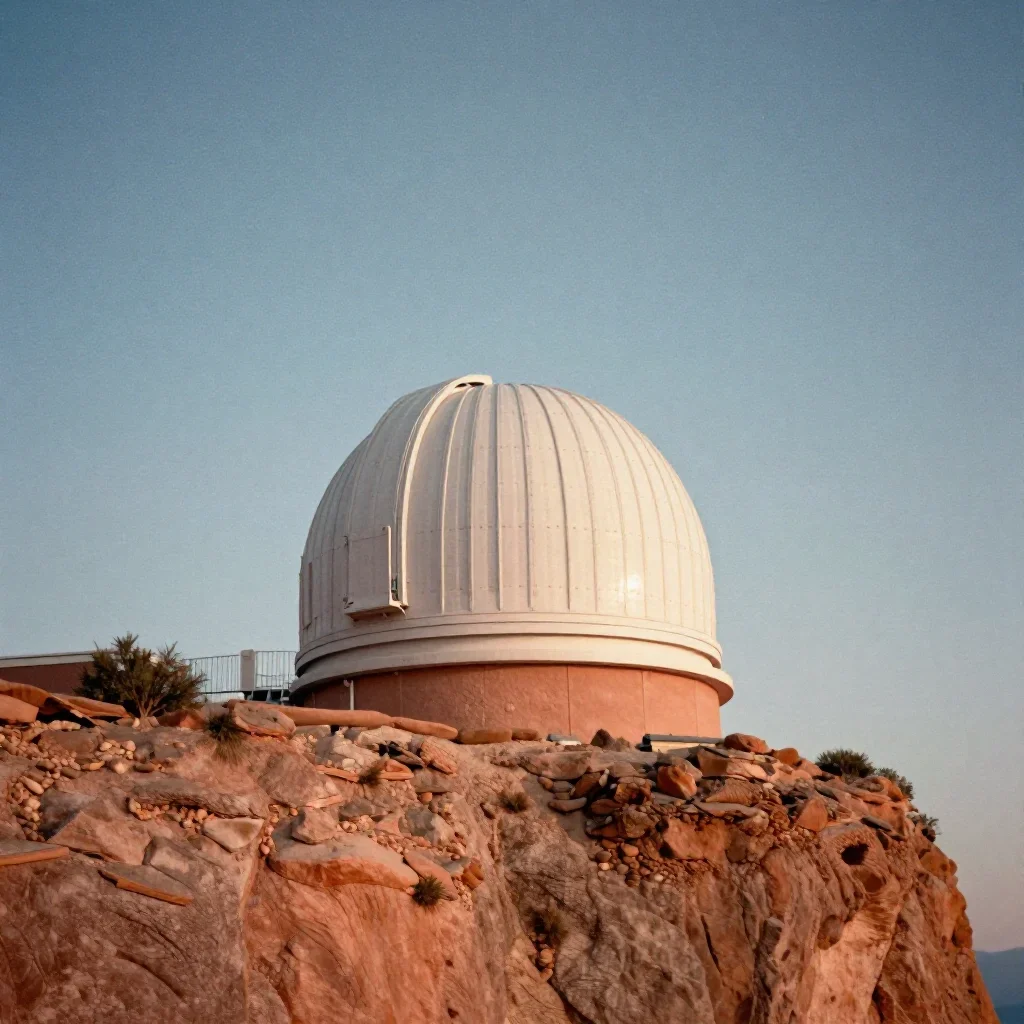 a cliffside observatory beneath a star-filled sky, museum-quality still-life photography, subtle film grain, terracotta