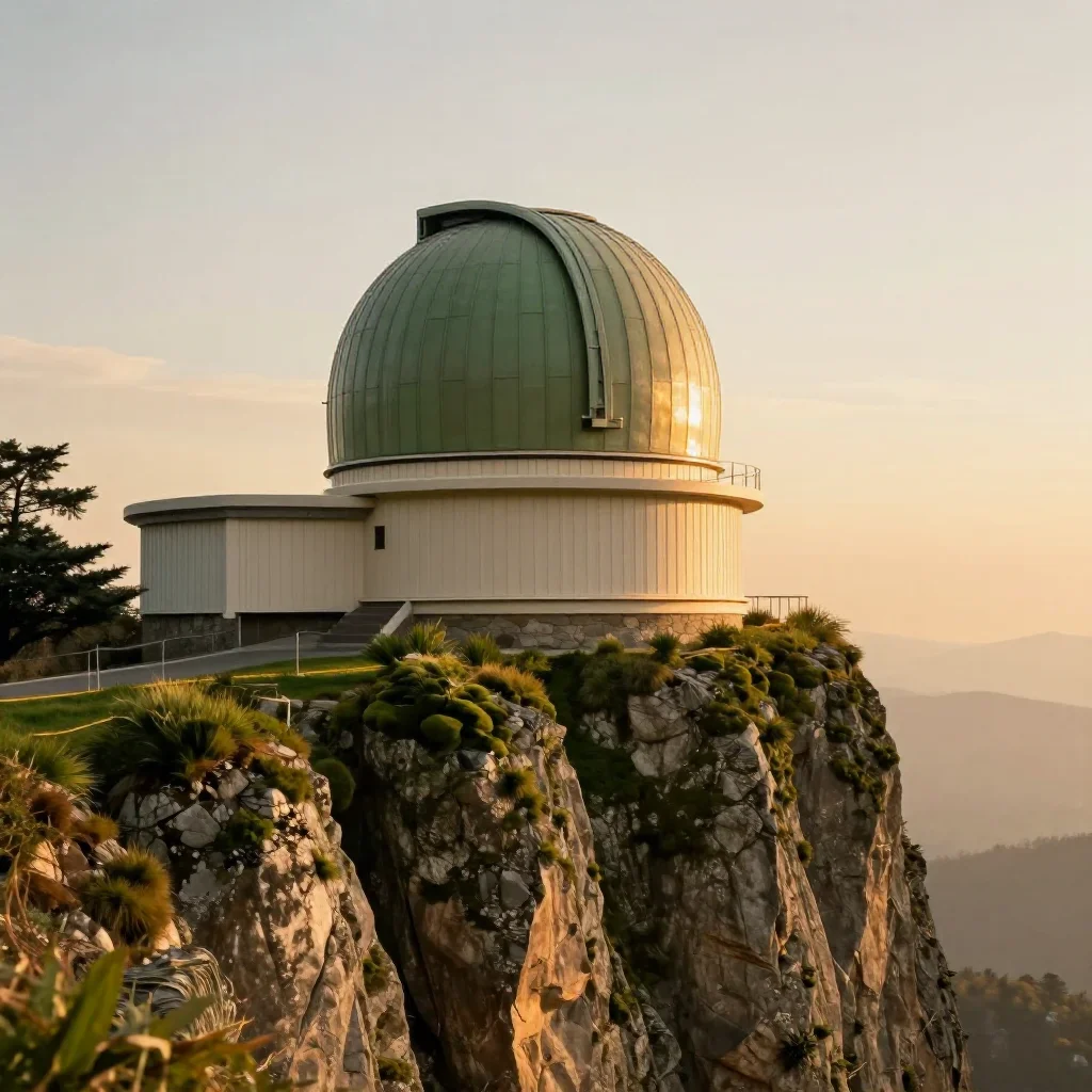 a cliffside observatory during golden hour, cinematic architectural photography, gentle reflected light, moss green and