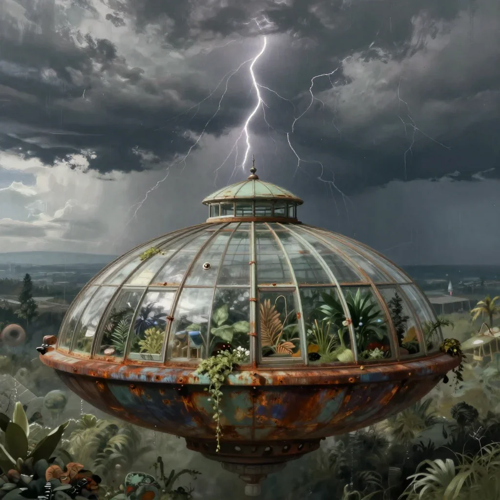 a floating botanical conservatory after a distant thunderstorm, quiet science-fiction concept art, atmospheric depth, ru