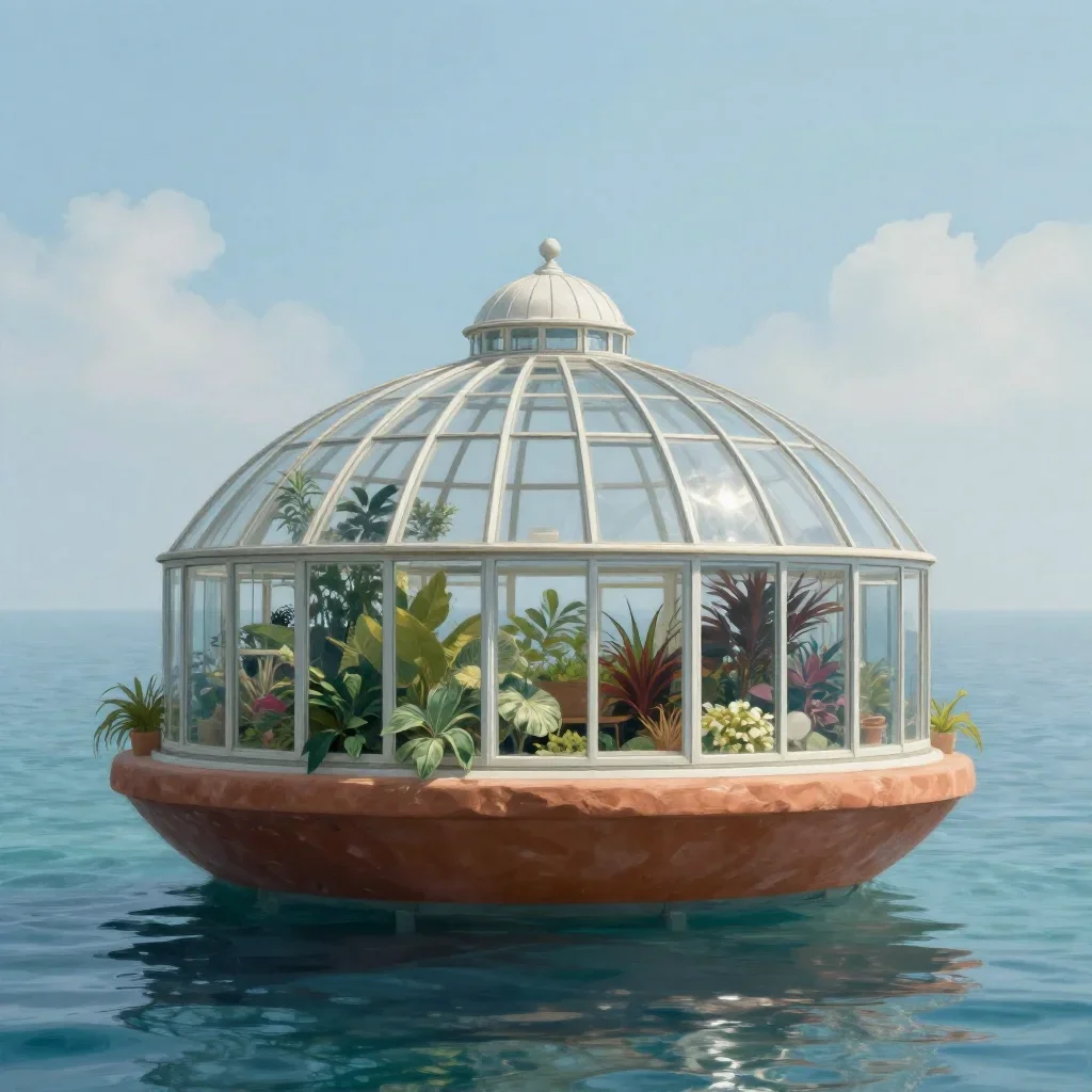 a floating botanical conservatory in a gentle sea breeze, quiet science-fiction concept art, calm negative space, terrac