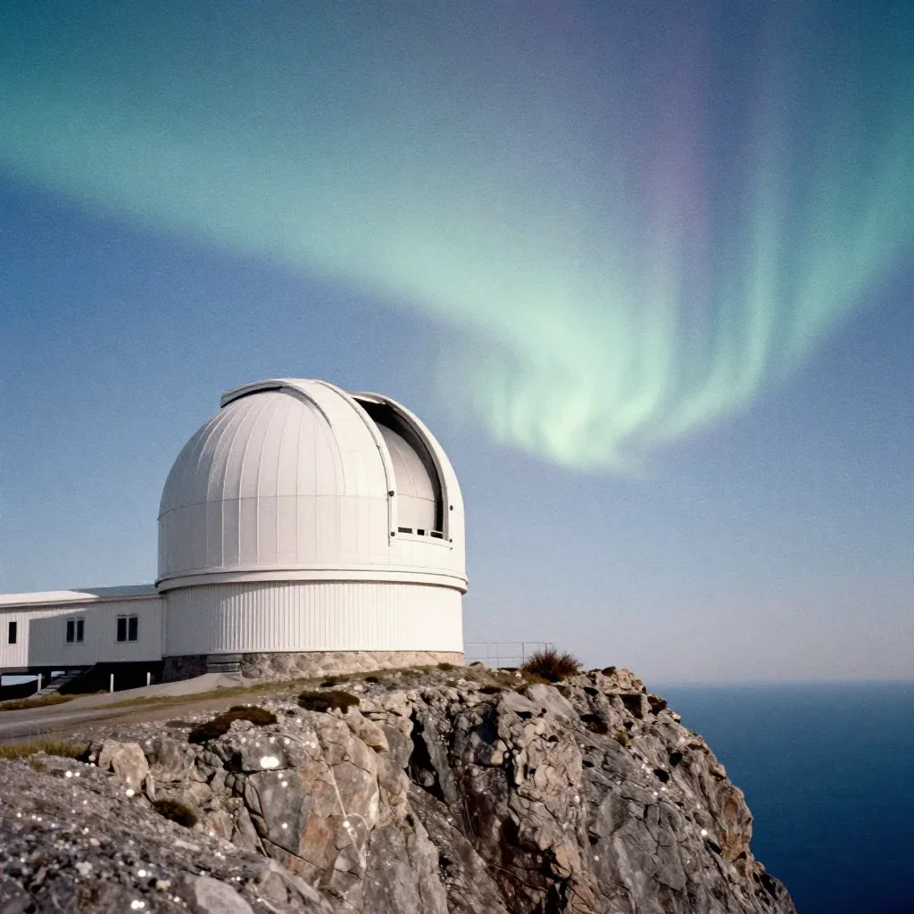 a cliffside observatory beneath an aurora, soft-grain analog film photography, subtle film grain, indigo and pearl palet
