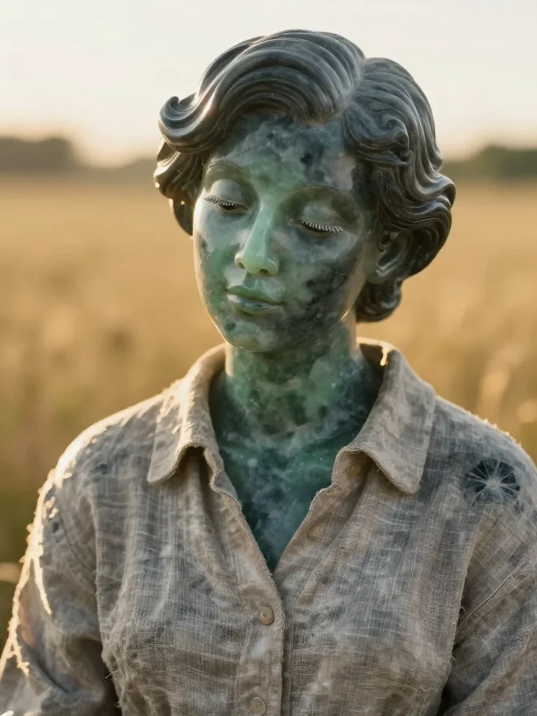 a sculptor at rest in a linen shirt, dust-hazed in a coy glance from under lowered lashes, in a backlit golden-hour fiel