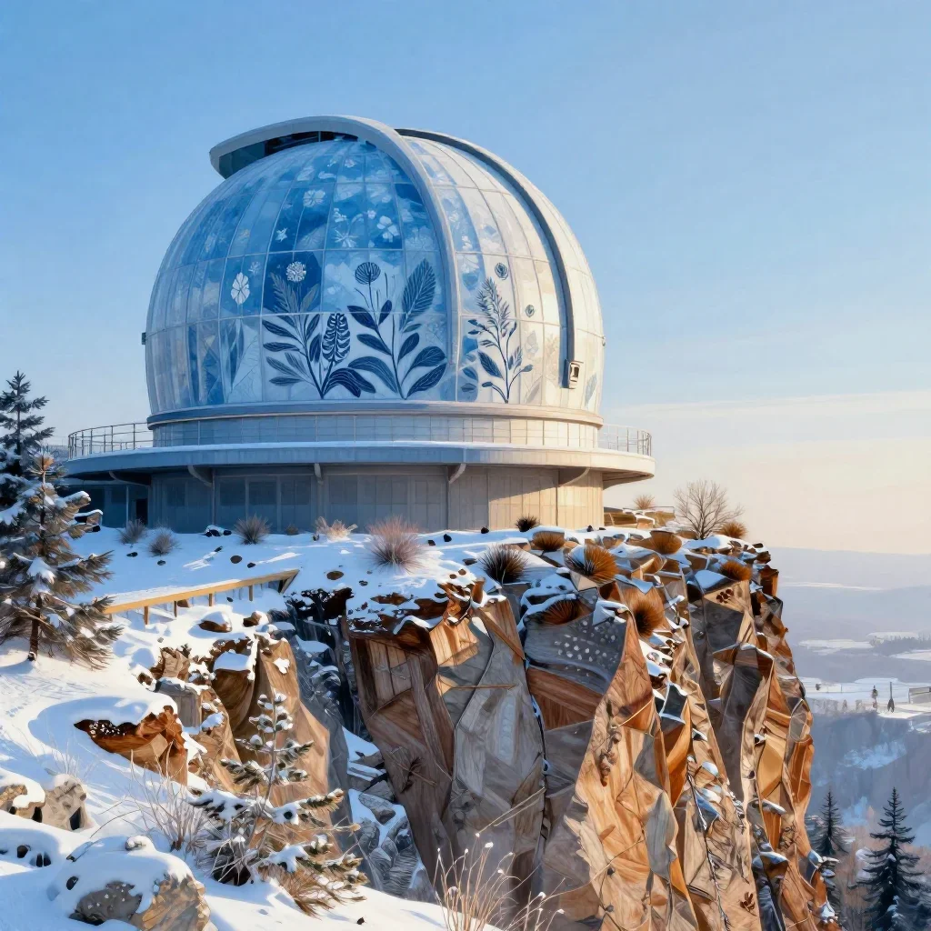 a cliffside observatory in crisp winter sunlight, contemporary botanical illustration, careful geometric composition, ic