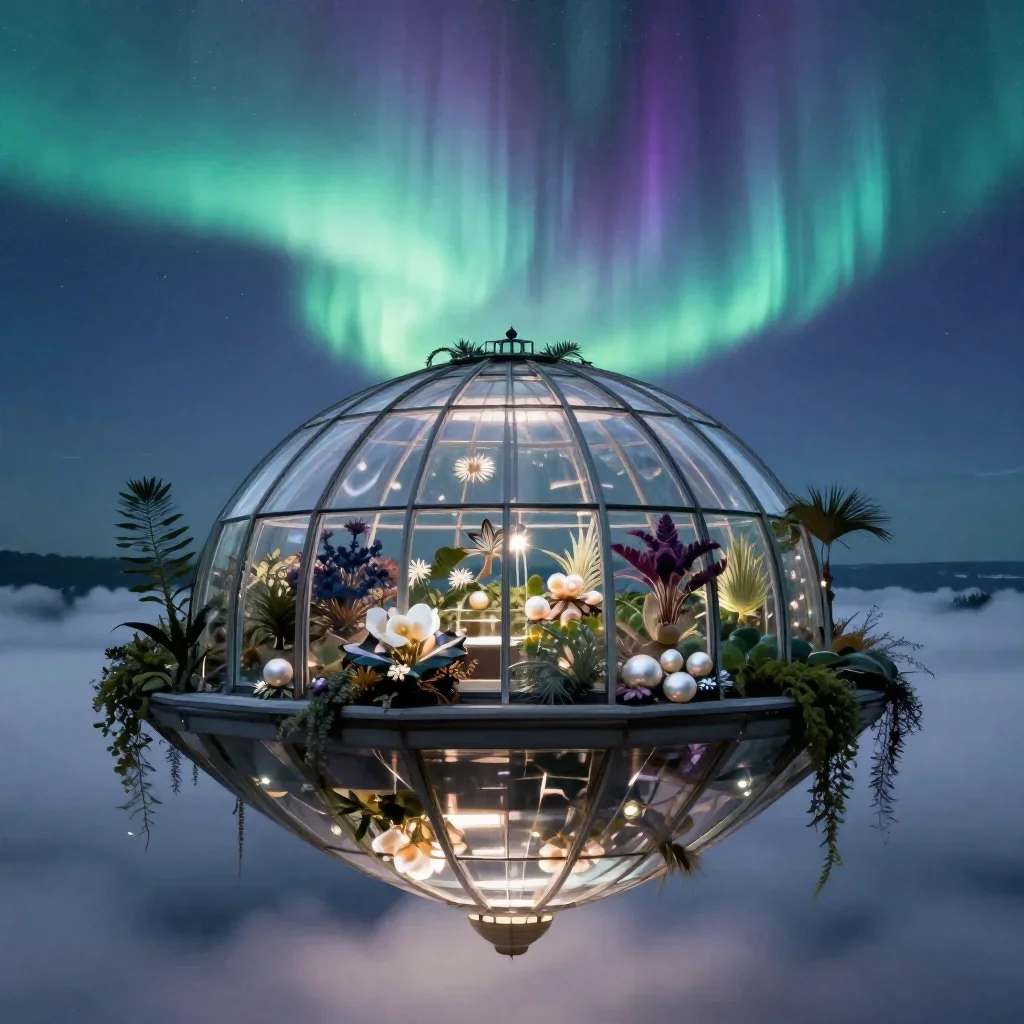 a floating botanical conservatory beneath an aurora, refined editorial travel photography, gentle reflected light, indig