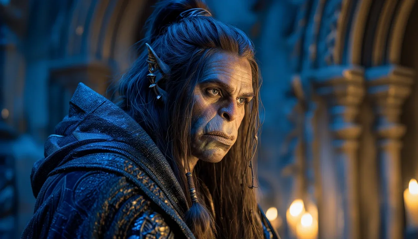 a sorceress in a star-lit midnight cloak in a coy glance from under lowered lashes, in a candle-lit cathedral ruin, Nati