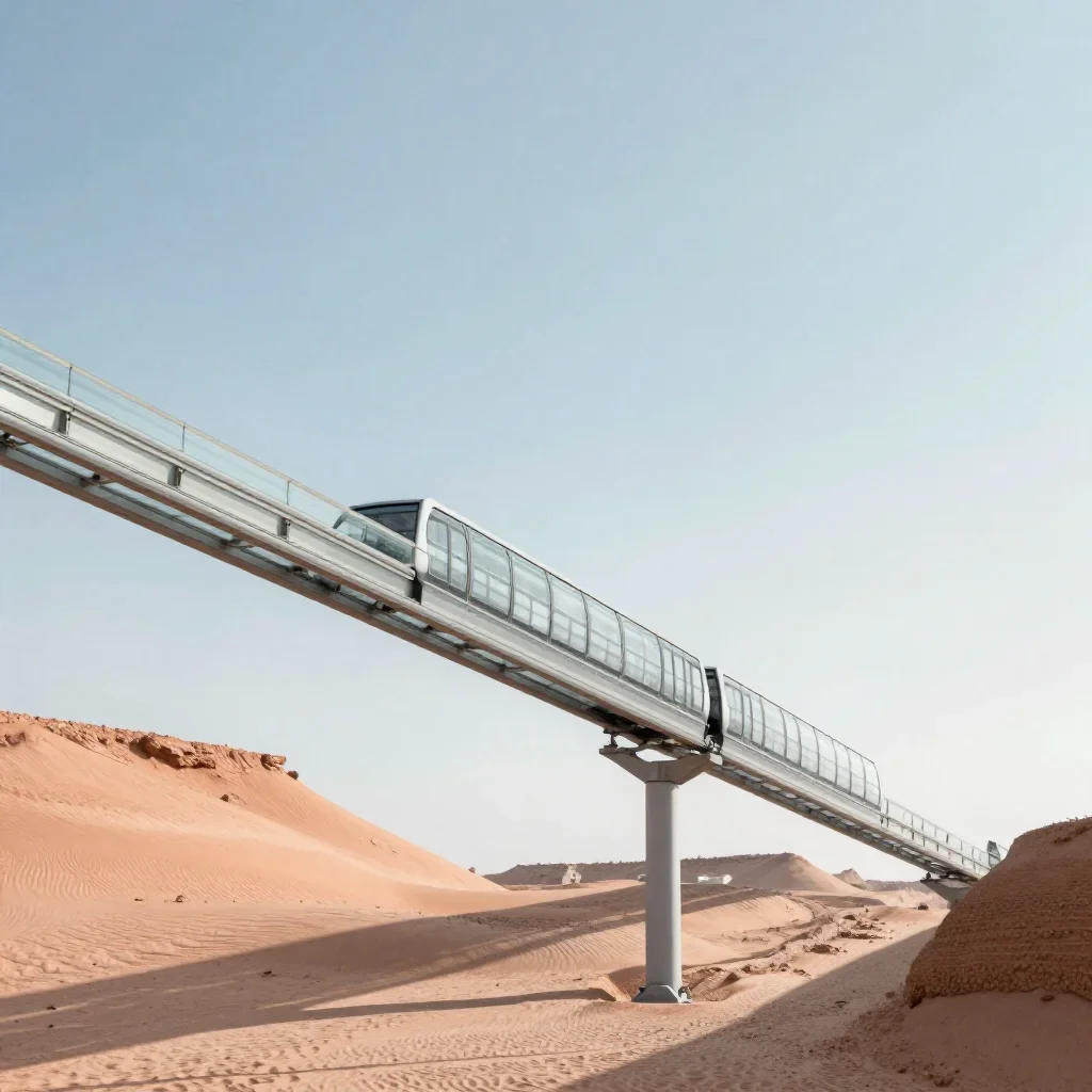 a glass monorail in crisp winter sunlight, dreamlike fine-art landscape photography, clean natural textures, terracotta