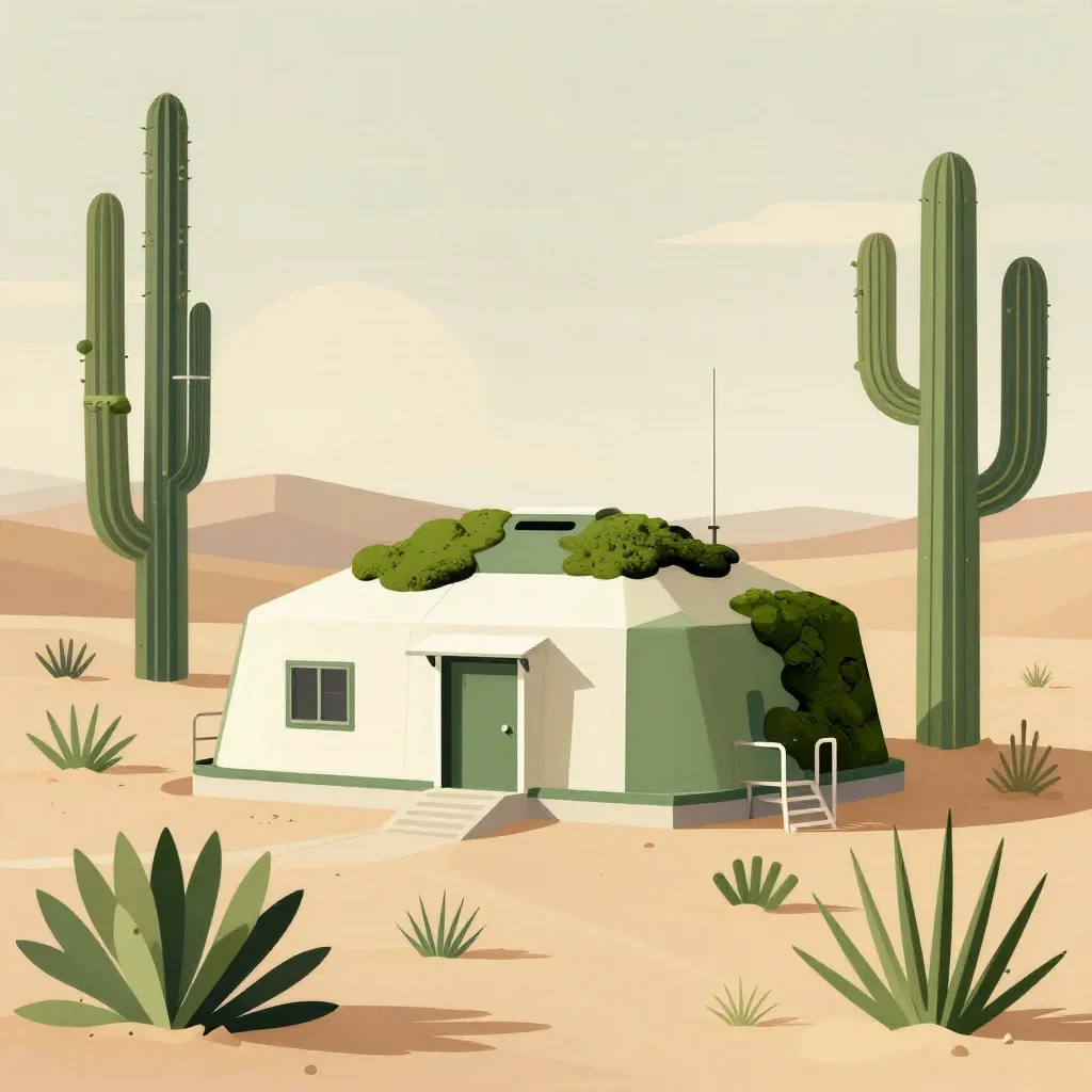 a desert research station during golden hour, contemporary botanical illustration, careful geometric composition, moss g