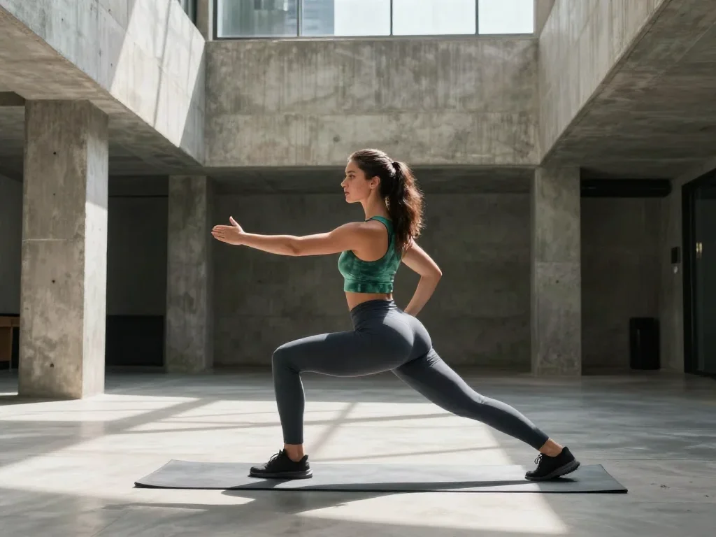 a fitness creator stretching in a sunlit loft in an alluring over-the-shoulder glance, in a brutalist concrete atrium, N