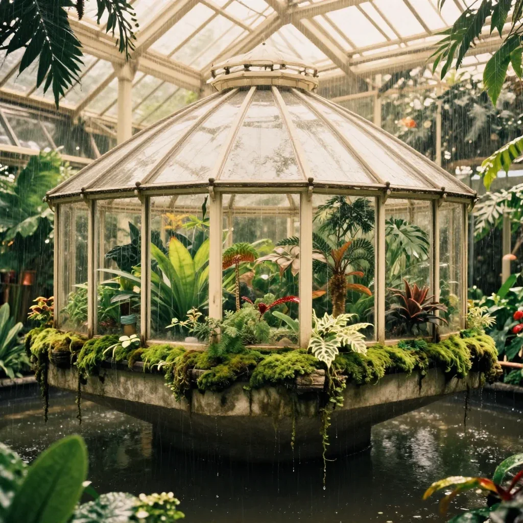 a floating botanical conservatory after warm summer rain, dreamlike fine-art landscape photography, subtle film grain, m