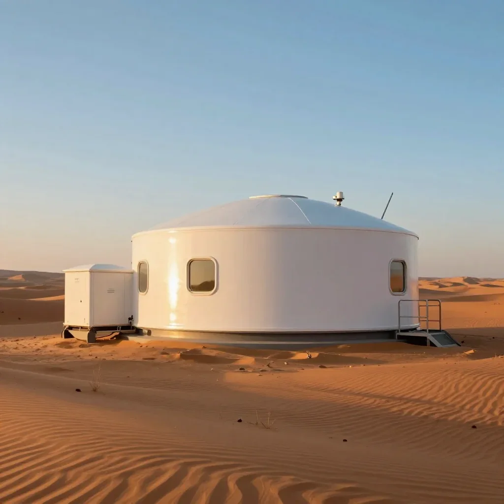a desert research station during golden hour, high-end design magazine photography, clean natural textures, terracotta a